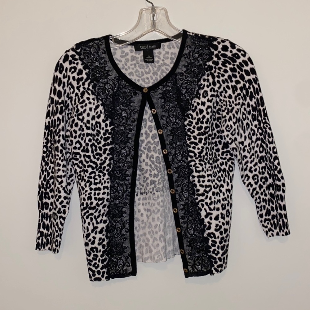 White House Black Market Animal Print lace Cardigan Size S, 3/4 Sleeve